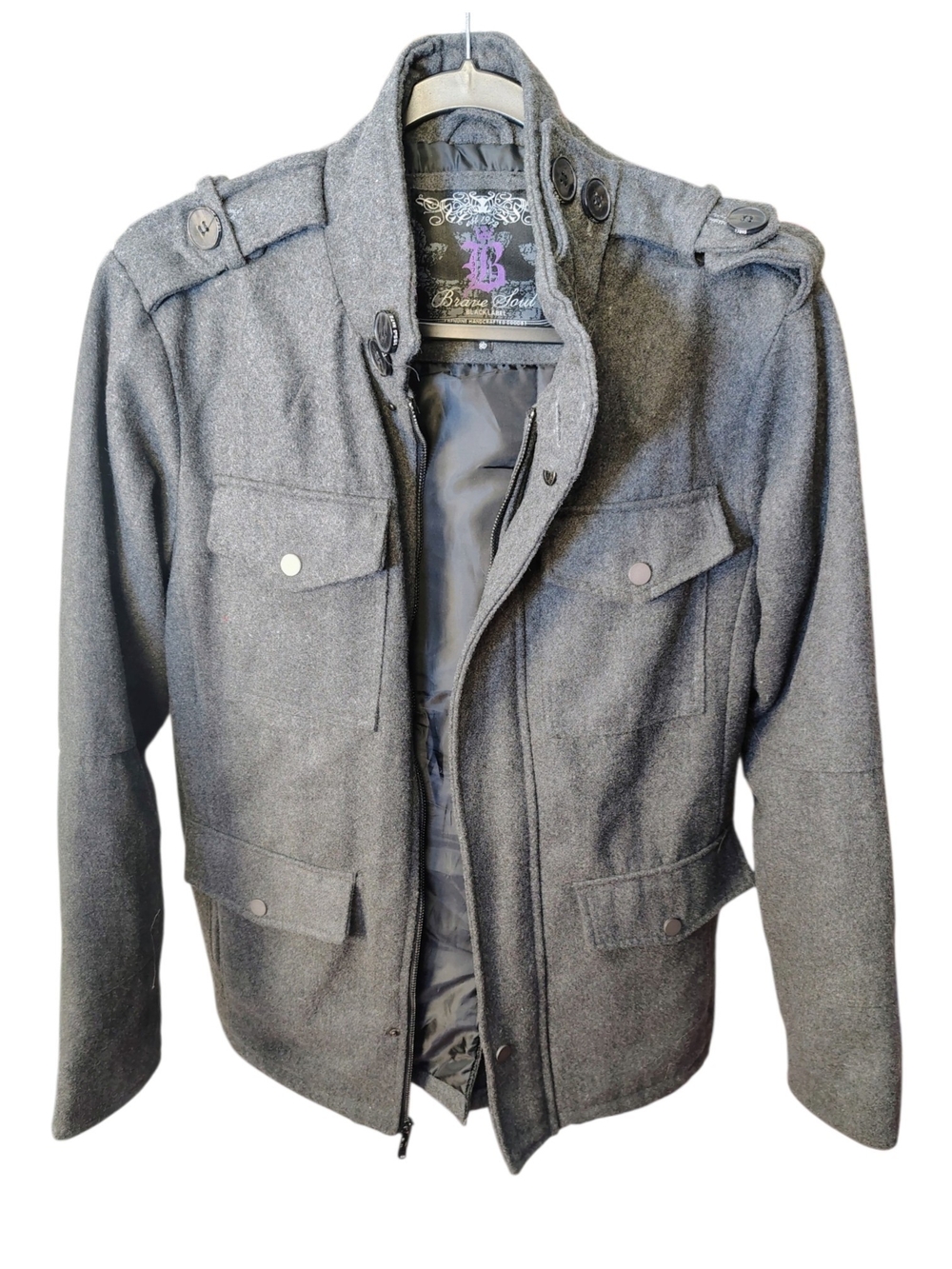 Brave Soul Men's Gray Military-Style Wool Blend Field Jacket